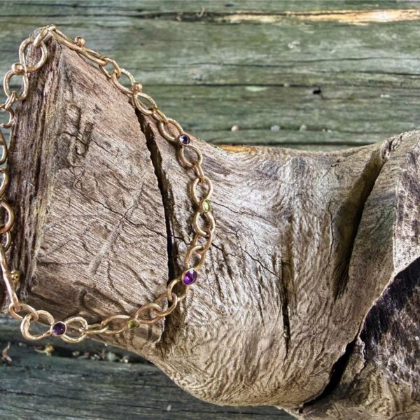 9ct gold-suffragette-bracelet-amethyst-peridot-side-sandrakernsjewellery