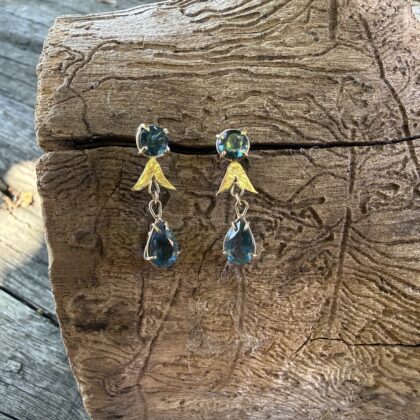 London blue topaz-gold-earrings-art deco-blue-arrow-sandrakernsjewellery