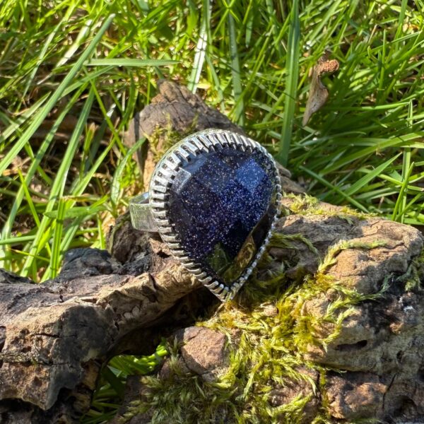 blue goldstone-ring-silver-sparkly-leaf-sandrakernsjewellery