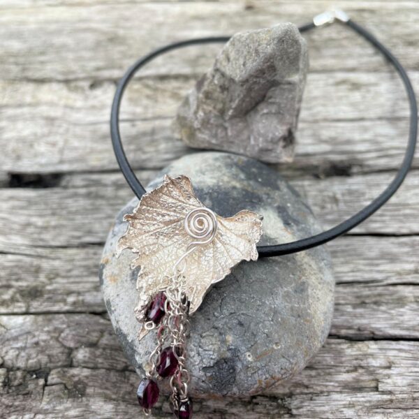 real vine leaf-garnets-leather-sterling silver-sandrakernsjewellery